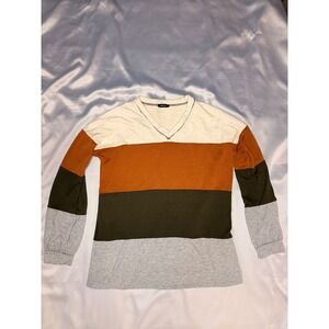 Heimish US Womens Colorblock Long Sleeve V-Neck Top Earthy Tones Multi-Color
